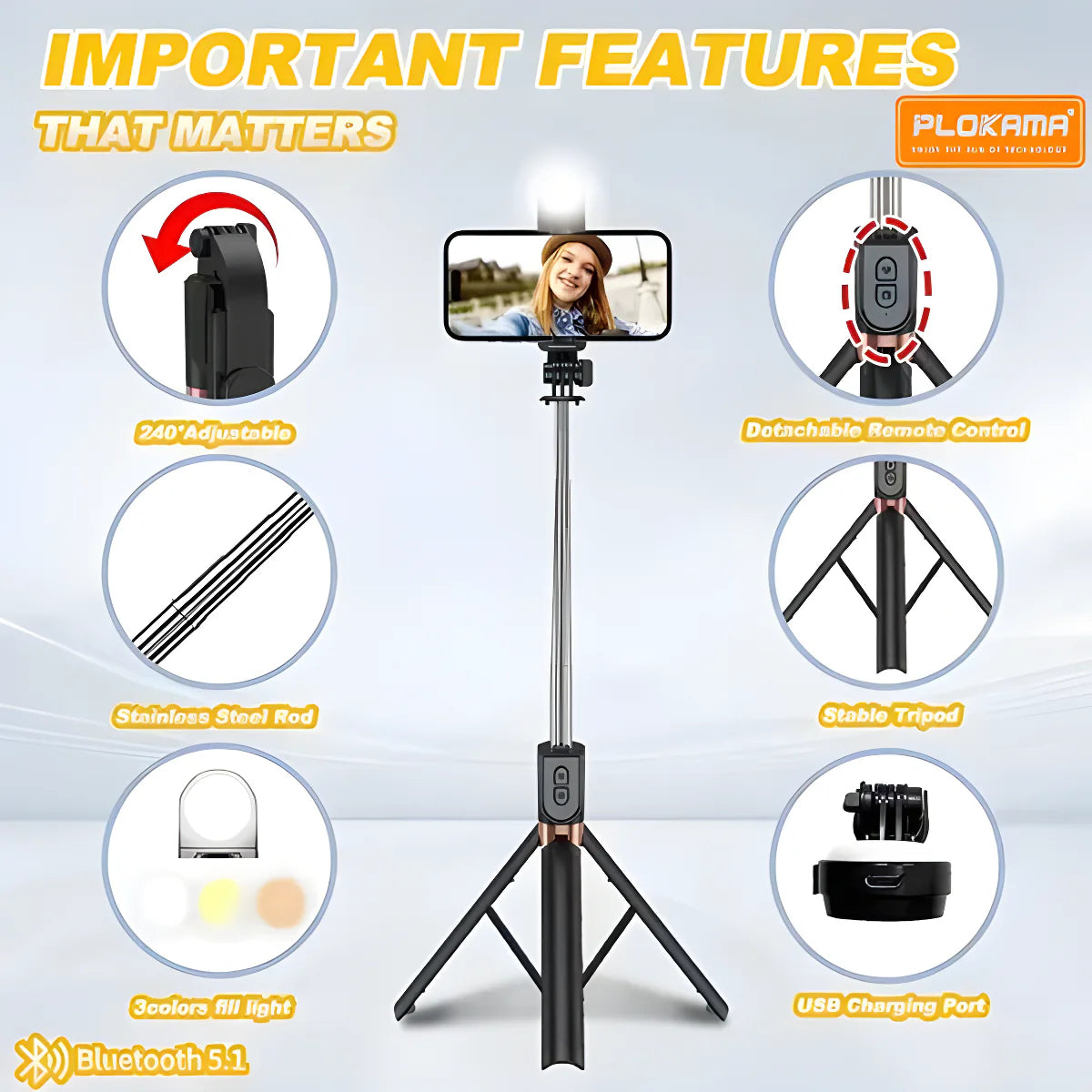 4 in 1 Selfie Stick + Tripod Stand with Light and Wireless Remote