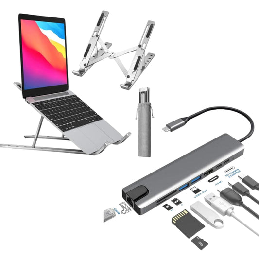 Premium Tech Bundle | Almunium Laptop Stand + USB Type C 8-IN-1 HUB + FREE Pouch
